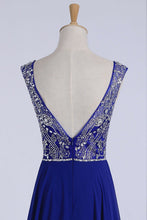 Load image into Gallery viewer, 2022 Prom Dresses A-Line Scoop Floor-Length Dark Royal Blue Chiffon Beaded Bodice