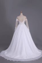 Load image into Gallery viewer, 2024 Long Sleeves Bateau Open Back Wedding Dresses Tulle With Applique