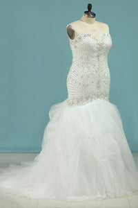 2024 Mermaid Beaded Bodice Wedding Dresses Sweetheart Tulle Sweep Train