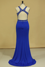 Load image into Gallery viewer, 2022 Dark Royal Blue Open Back Prom Dresses Scoop Spandex With Beading And Slit Sweep Train