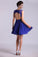 2022 Hot Selling Homecoming Dresses Scoop A-Line Short/Mini Chiffon Dark Royal Blue