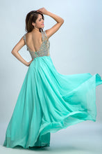 Load image into Gallery viewer, 2022 V Neck Prom Dresses A Line Beaded Bodice Sweep Train Chiffon &amp; Tulle
