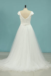2024 A Line Bateau Short Sleeves Satin & Tulle With Beads Wedding Dresses