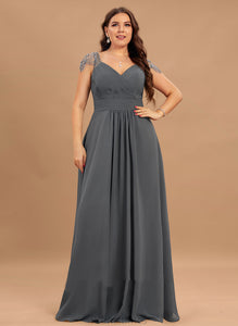 Neckline Embellishment Silhouette Floor-Length Sequins Pleated Fabric Beading Length V-neck A-Line Amanda Bridesmaid Dresses