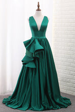 Load image into Gallery viewer, 2022 V Neck A Line Satin Prom Dresses With Slit Sweep Train