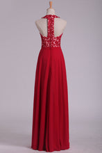 Load image into Gallery viewer, 2024 V Neck Prom Dresses A Line Chiffon With Applique And Beads Open Back Floor Length