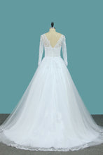 Load image into Gallery viewer, 2022 A Line Tulle Bateau 3/4 Length Sleeve Wedding Dresses With Applique Sweep Train