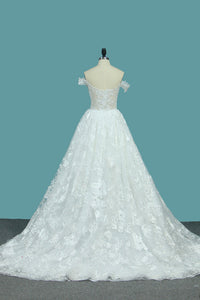 2022 Off The Shoulder A Line Lace Wedding Dresses With Applique Chapel Train