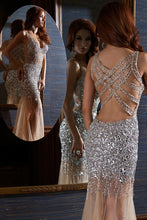 Load image into Gallery viewer, 2022 V Neck Mermaid Tulle Prom Dresses With Beading Sweep Train