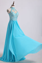 Load image into Gallery viewer, 2022 High Neck A Line Prom Dresses With Applique&amp;Beads Chiffon