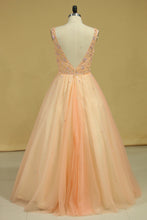 Load image into Gallery viewer, 2024 V Neck Beaded Bodice Floor Length Ball Gown Tulle Prom Dresses