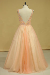 2024 V Neck Beaded Bodice Floor Length Ball Gown Tulle Prom Dresses