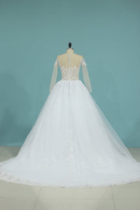 2024 New A Line Scoop Long Sleeves Wedding Dress Tulle With Applique