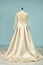 Load image into Gallery viewer, 2024 Prom Dresses Scoop Long Sleeves Satin A Line With Sweep Train