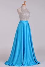 Load image into Gallery viewer, 2022 Open Back Halter Beaded Bodice Prom Dresses Satin Floor-Length