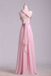 2022 Prom Dresses A-Line Cross Back Floor-Length Chiffon Pink Ready To Ship