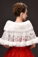 Load image into Gallery viewer, Pretty White Faux Fur &amp; Lace Wedding Wrap With Beading