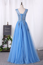 Load image into Gallery viewer, 2024 Prom Dresses A Line Lace Up Tulle Scoop With Applique And Sash