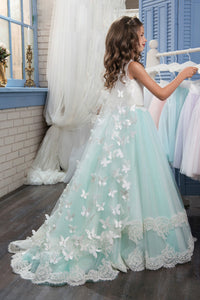 2024 A Line Tulle With Applique Flower Girl Dresses Scoop Sweep Train