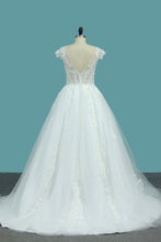 Load image into Gallery viewer, 2022 Scoop Short Sleeves Tulle A Line Wedding Dresses With Applique Chapel Train