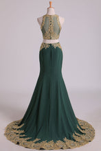 Load image into Gallery viewer, 2022 Dark Green Mermaid Two-Piece Prom Dresses Scoop Sweep/Brush Chiffon With Gold Applique