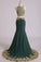 2022 Dark Green Mermaid Two-Piece Prom Dresses Scoop Sweep/Brush Chiffon With Gold Applique