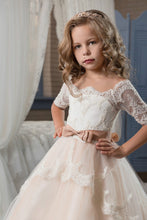 Load image into Gallery viewer, 2024 Tulle Bateau Flower Girl Dresses Short Sleeves With Applique And Sash