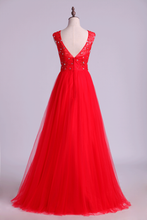 Load image into Gallery viewer, 2022 Prom Dresses A Line Scoop Long Tulle V Back Red