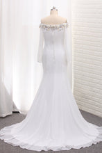 Load image into Gallery viewer, 2022 Long Sleeves Chiffon Off The Shoulder Mermaid Wedding Dresses With Beading