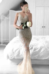 2024 Sexy Prom Dresses Mermaid V Neck Tulle With Beading Zipper Up See Through