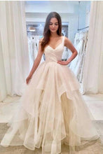 Load image into Gallery viewer, Tulle V Neck Straps Wedding Dresses Long Cheap Prom Dresses Ruffles