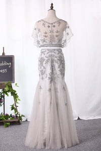 2022 New Arrival Scoop With Beading And Sash Mermaid Tulle Prom Dresses