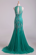 Load image into Gallery viewer, 2022 Scoop Mermaid Tulle Prom Dresses Fully Beaded Bodice Sweep Train