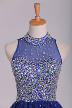 Load image into Gallery viewer, 2024 High Neck Homecoming Dresses Beaded Bodice A-Line Dark Royal Blue Tulle Short/Mini
