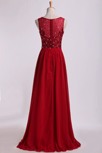 Load image into Gallery viewer, 2022 Bateau Prom Dresses A Line Floor Length With Embroidery&amp;Beads Chiffon&amp;Tulle