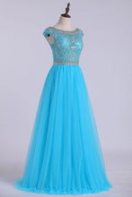 Load image into Gallery viewer, 2022 Scoop A-Line Prom Dress Full Beaded Bodice Champagne Tulle Floor Length