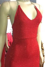 Load image into Gallery viewer, Sexy V Neck Red Glitter Sequins Prom Dresses Mermaid Halter Backless Evening Gowns