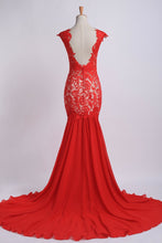 Load image into Gallery viewer, 2024 Open Back Prom Dresses Mermaid Sweep/Brush Train Chiffon&amp;Lace