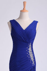 2022 V Neck Pleated Bodice Column Sweep Train Prom Dress With Beads