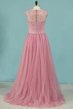 Load image into Gallery viewer, 2022 Scoop Tulle With Beading Prom Dresses A Line Sweep Train