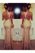 Load image into Gallery viewer, Scoop Mermaid Prom Dresses Sequins With Applique Floor Length Long Sleeves