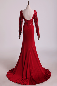 2024 Hot Long Sleeves Prom Dresses Spandex Mermaid With Applique Burgundy/Maroon