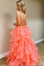 Load image into Gallery viewer, Backless Tulle Beaded Long Prom Gowns, Spaghetti Straps Layers Prom Dress