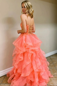 Backless Tulle Beaded Long Prom Gowns, Spaghetti Straps Layers Prom Dress