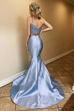 Load image into Gallery viewer, Two Piece Satin Prom Dresses With Lace, Spaghetti Straps Mermaid Long Party Dress
