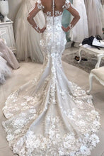 Load image into Gallery viewer, 2024 Detachable Train Long Sleeves Scoop Mermaid Wedding Dresses With Applique Tulle