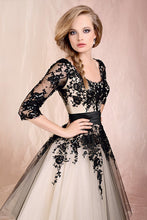Load image into Gallery viewer, 2022 Prom Dresses Scoop A Line With Applique And Ribbon Tea Length
