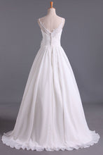 Load image into Gallery viewer, 2022 Spaghetti Straps With Applique &amp; Handmade Flowers Chiffon A Line Wedding Dresses