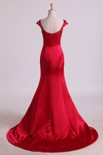 Load image into Gallery viewer, 2022 Mermaid Prom Dresses Scoop Satin &amp; Tulle Burgundy/Maroon With Beading Sweep Train