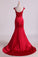 2022 Mermaid Prom Dresses Scoop Satin & Tulle Burgundy/Maroon With Beading Sweep Train